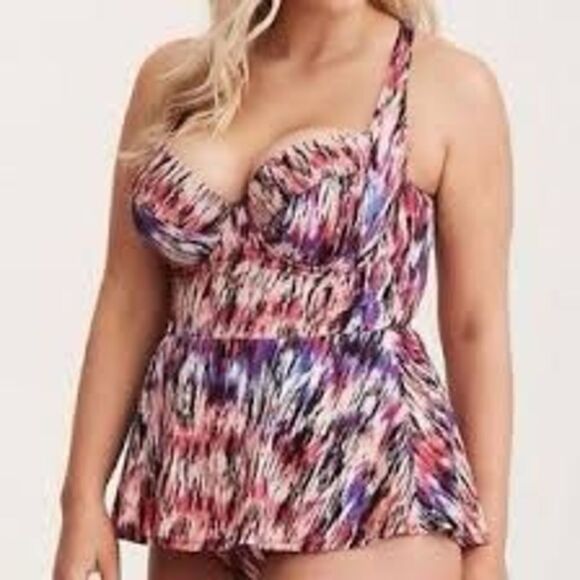 Torrid Mirage pink & orange abstract skirted 2x one piece swimsuit - Picture 1 of 7